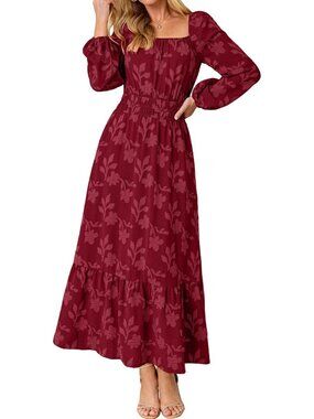 🆕 Women's Burgundy Long Sleeve Square Neck High Waist Boho Casual Maxi Dress